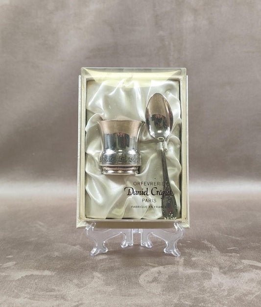 Ecrin coquetier et cuillère Daniel Crégut en métal argenté Poinçon d'orfèvre Made in France Vintage 1900