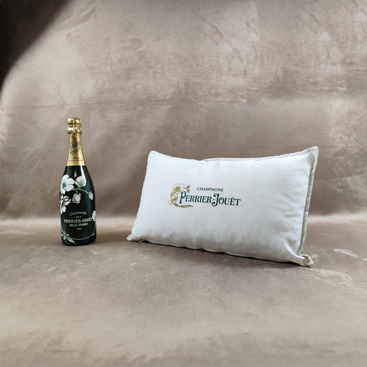Coussin Champagne Perrier-Jouet beige et vert en coton Made in France Vintage 1990