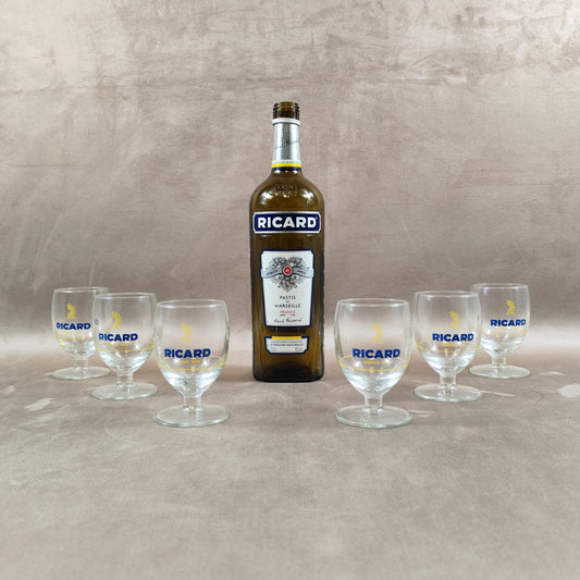 Lot de 6 verres ballon Ricard vintage | Verres à pastis bistrot du Sud | Collection apéritif rétro | Made in France années 90
