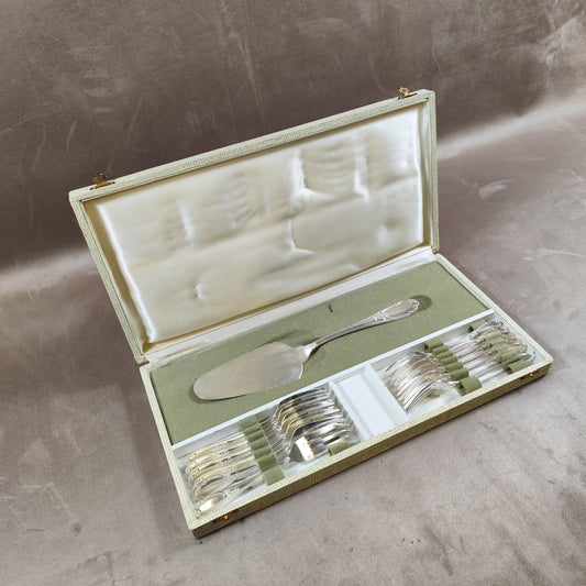 Service à gâteau ancien en métal argenté Pelle + 12 fourchettes François Frionnet Vintage
