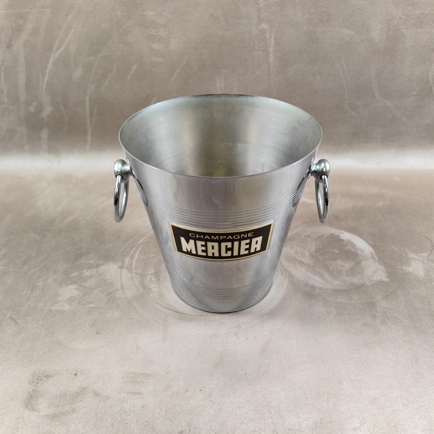 Seau à champagne Mercier vintage en acier inoxydable Seau publicitaire ancien avec anses