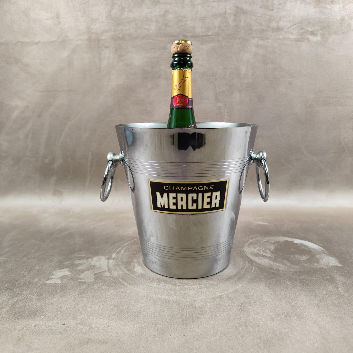 Seau à champagne Mercier vintage en acier inoxydable Seau publicitaire ancien avec anses