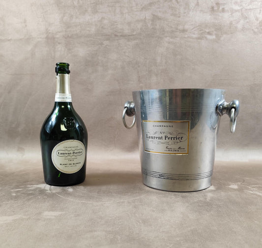 Seau à champagne Laurent Perrier vintage en aluminium, anses anneaux Made in France