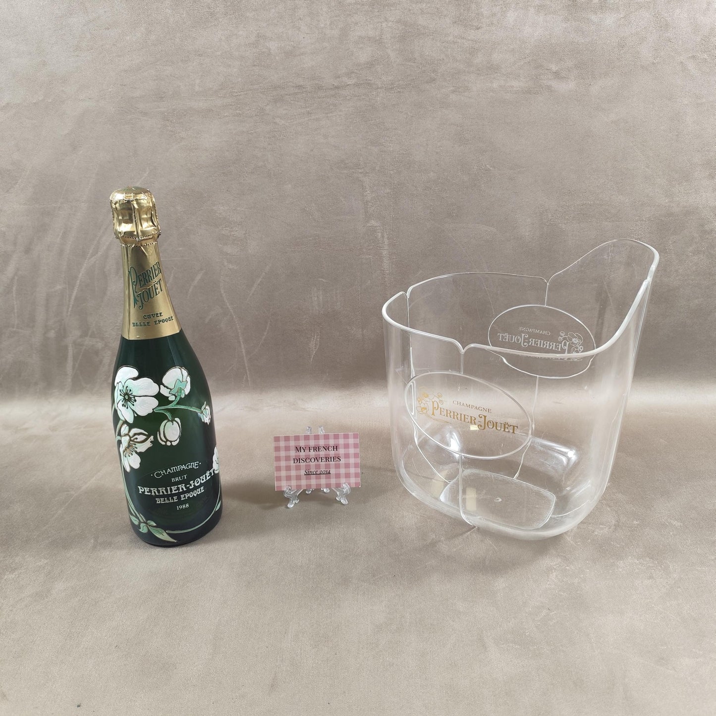Seau à champagne Perrier-Jouët en plastique transparent Modèle publicitaire vintage