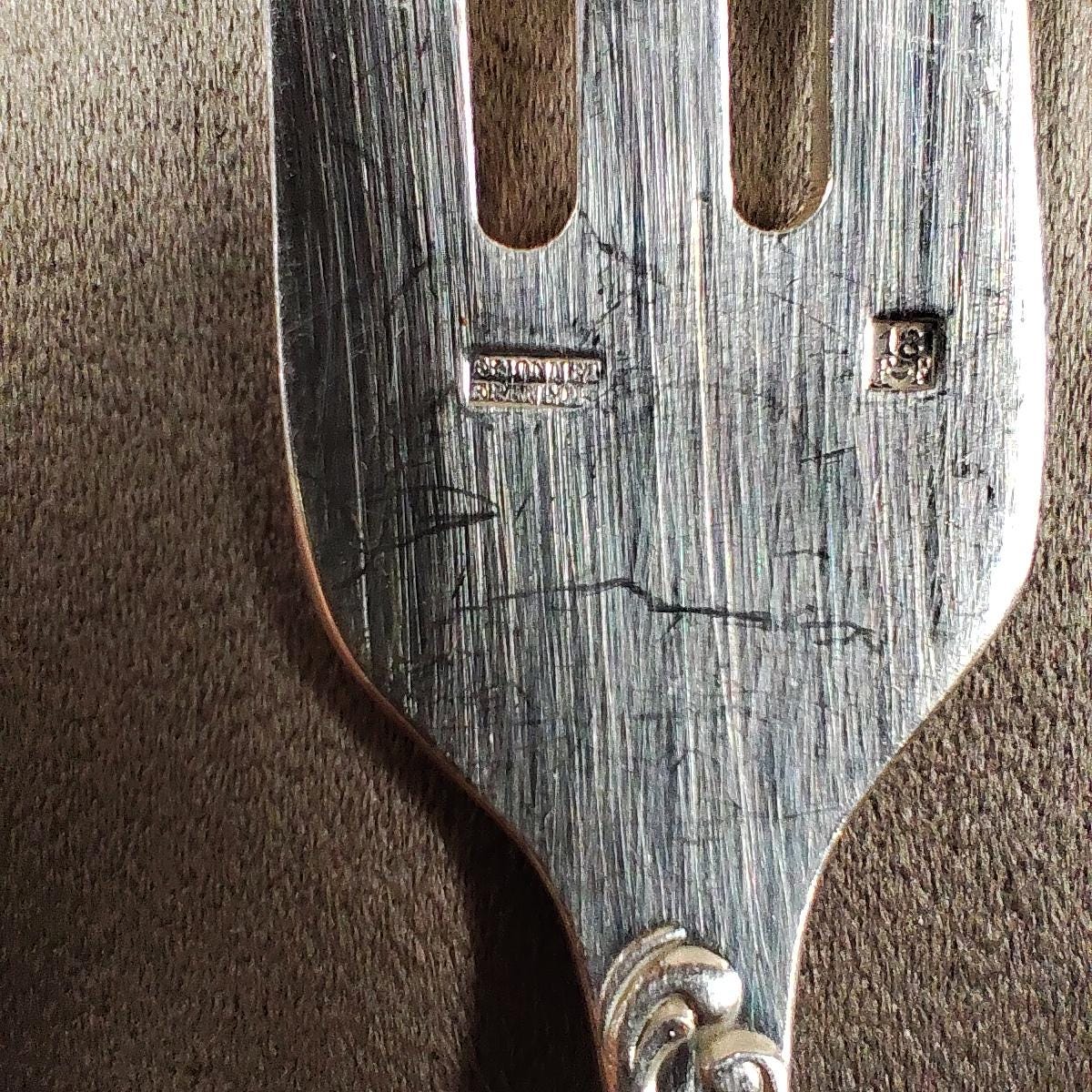 Service à gâteau ancien en métal argenté Pelle + 12 fourchettes François Frionnet Vintage
