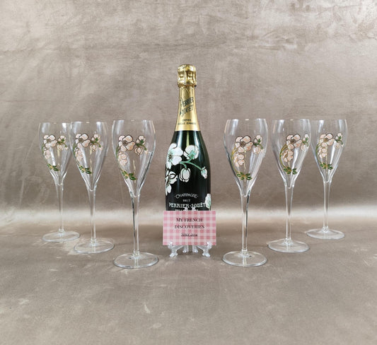 Ensemble de 6 flûtes à champagne Perrier-Jouët en cristal Décor Anémone peint à la main Vintage
