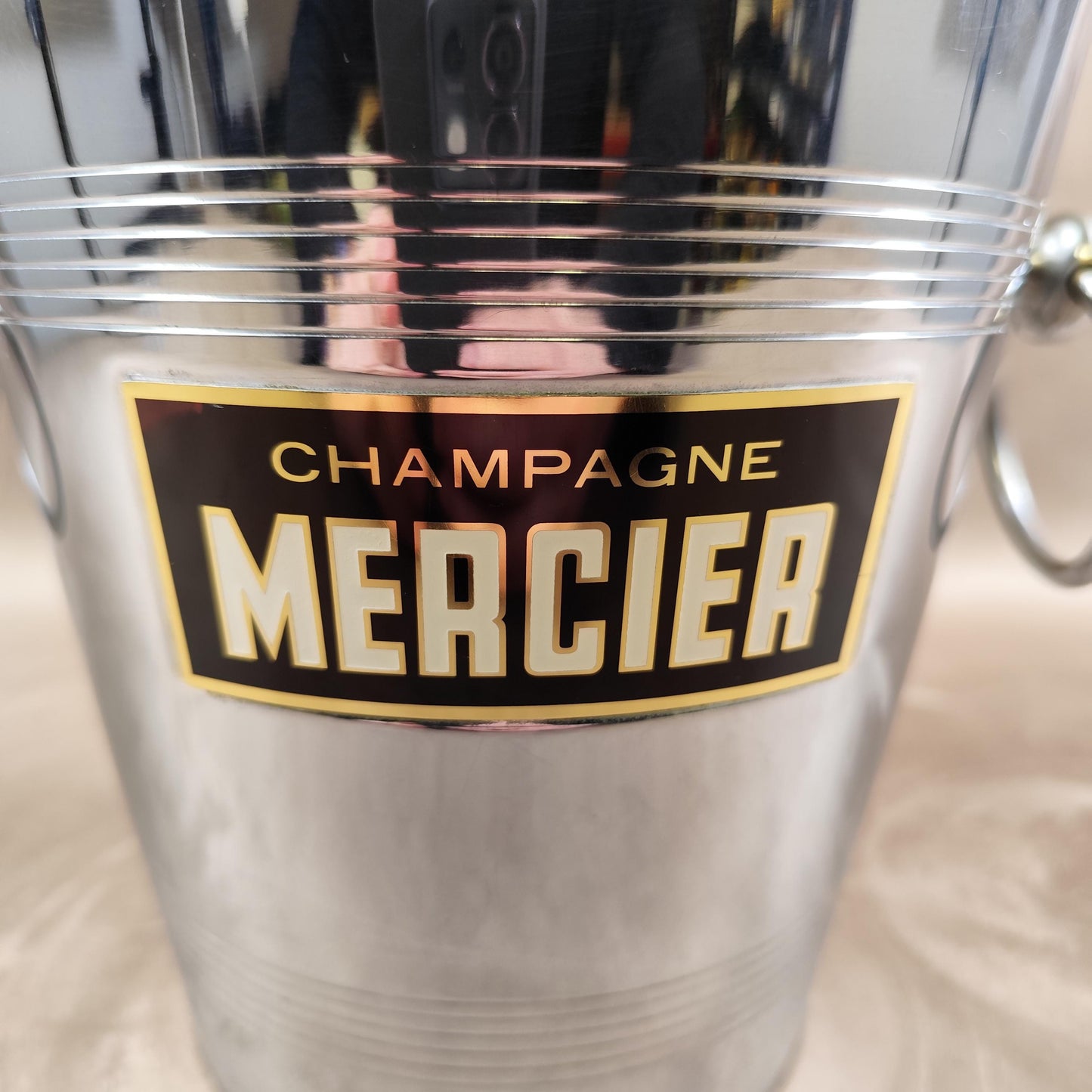 Seau à champagne Mercier vintage en acier inoxydable Seau publicitaire ancien avec anses