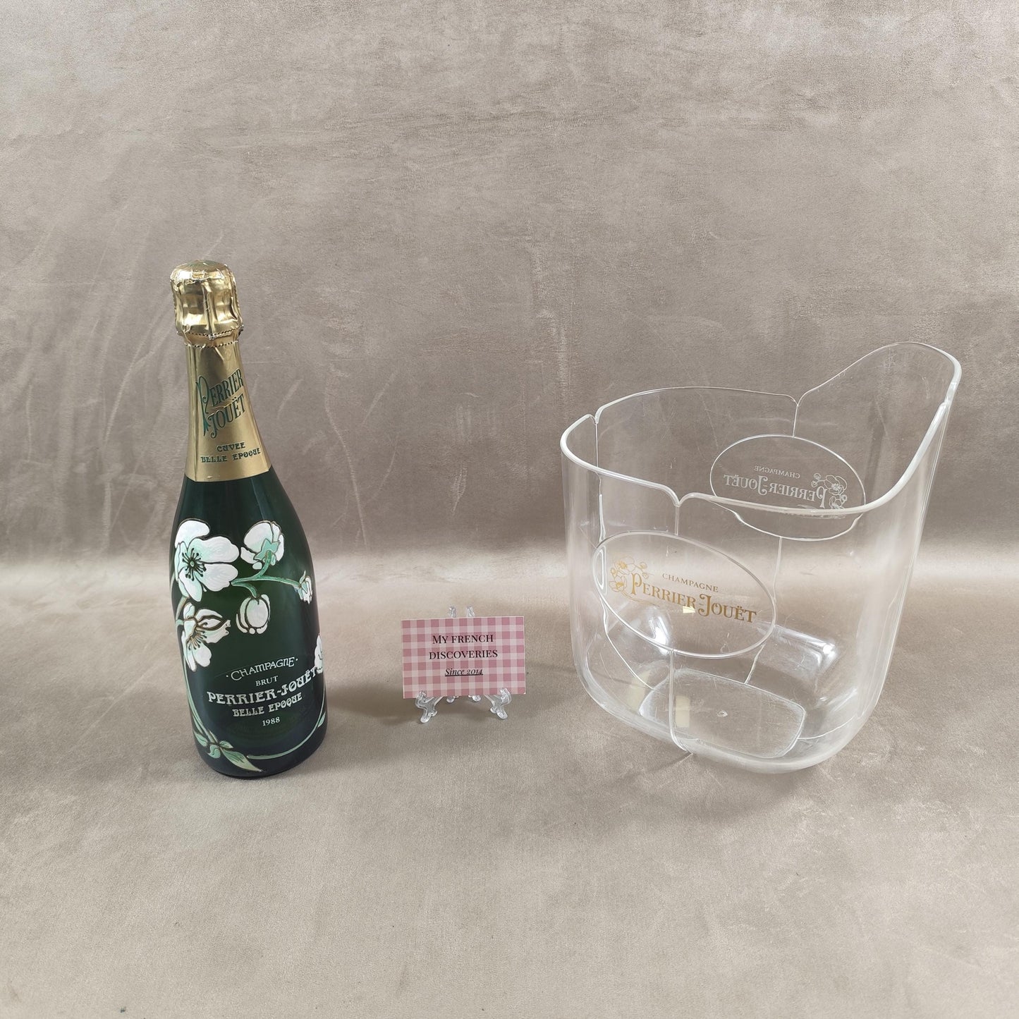 Seau à champagne Perrier-Jouët en plastique transparent Modèle publicitaire vintage