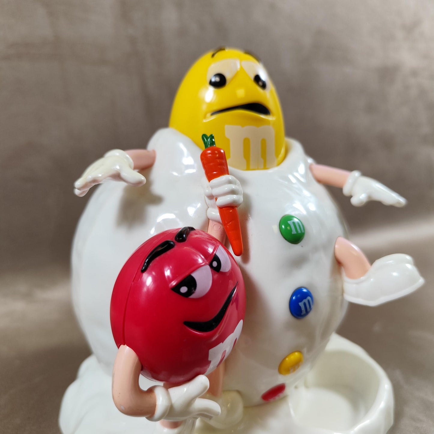 Distributeur de M&Ms vintage Modèle bonhomme de neige avec personnages jaune et rouge