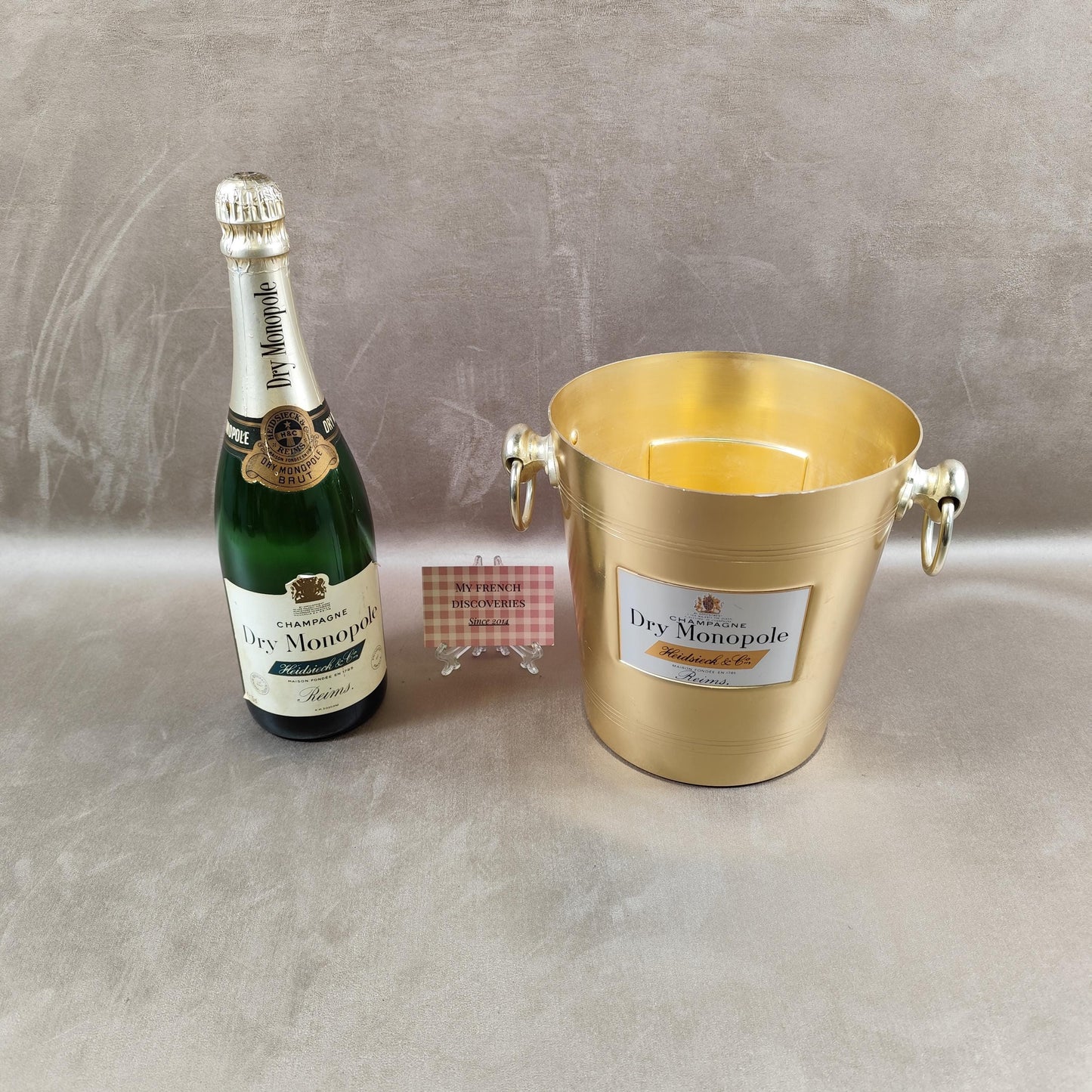 Seau à champagne Dry Monopole Heidsieck & Co en métal doré Publicitaire Vintage