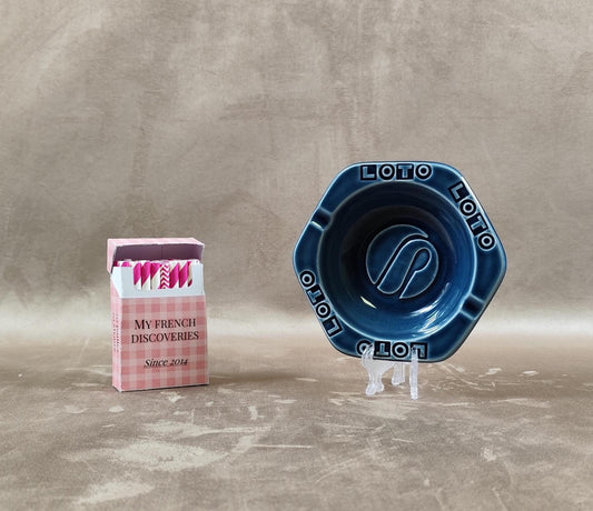 Cendrier Loto en faïence bleue Gien France Publicitaire vintage