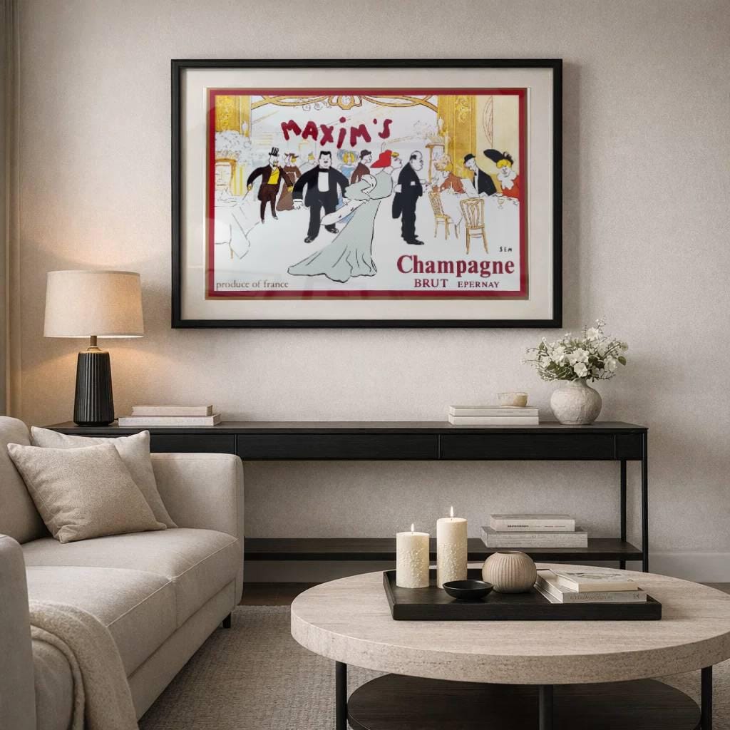 Affiche Champagne Maxims par SEM Illustration publicitaire Format 61 x 40 cm sans cadre