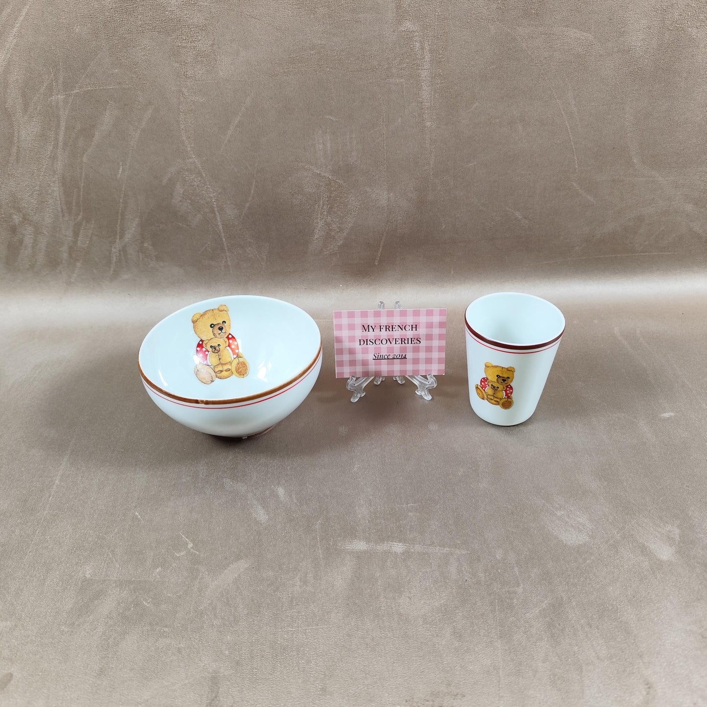Ensemble enfant en porcelaine de Limoges Bol et verre décor ours Filet fait main