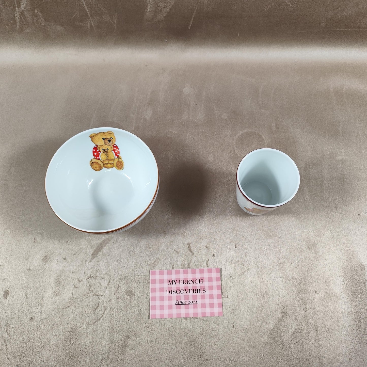 Ensemble enfant en porcelaine de Limoges Bol et verre décor ours Filet fait main