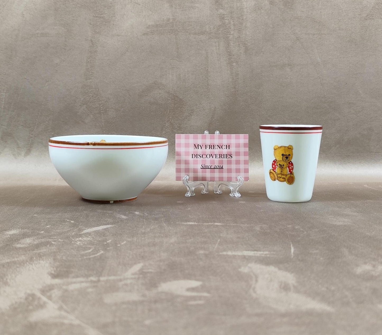 Ensemble enfant en porcelaine de Limoges Bol et verre décor ours Filet fait main