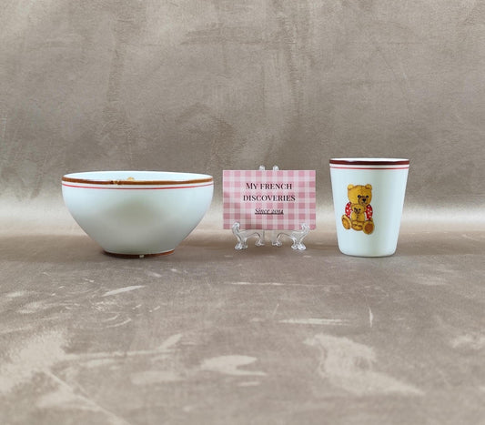 Ensemble enfant en porcelaine de Limoges Bol et verre décor ours Filet fait main