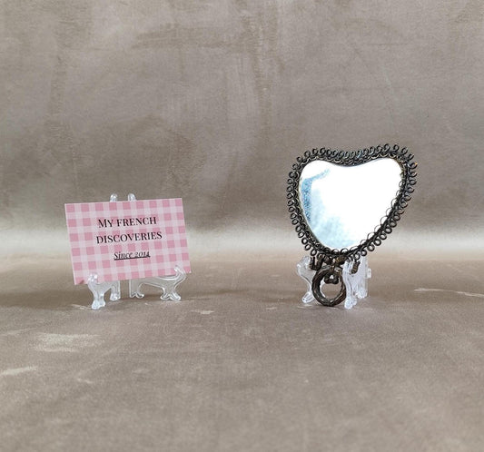 Miroir ancien double face en métal  Forme cœur Décor perlé Objet de toilette vintage