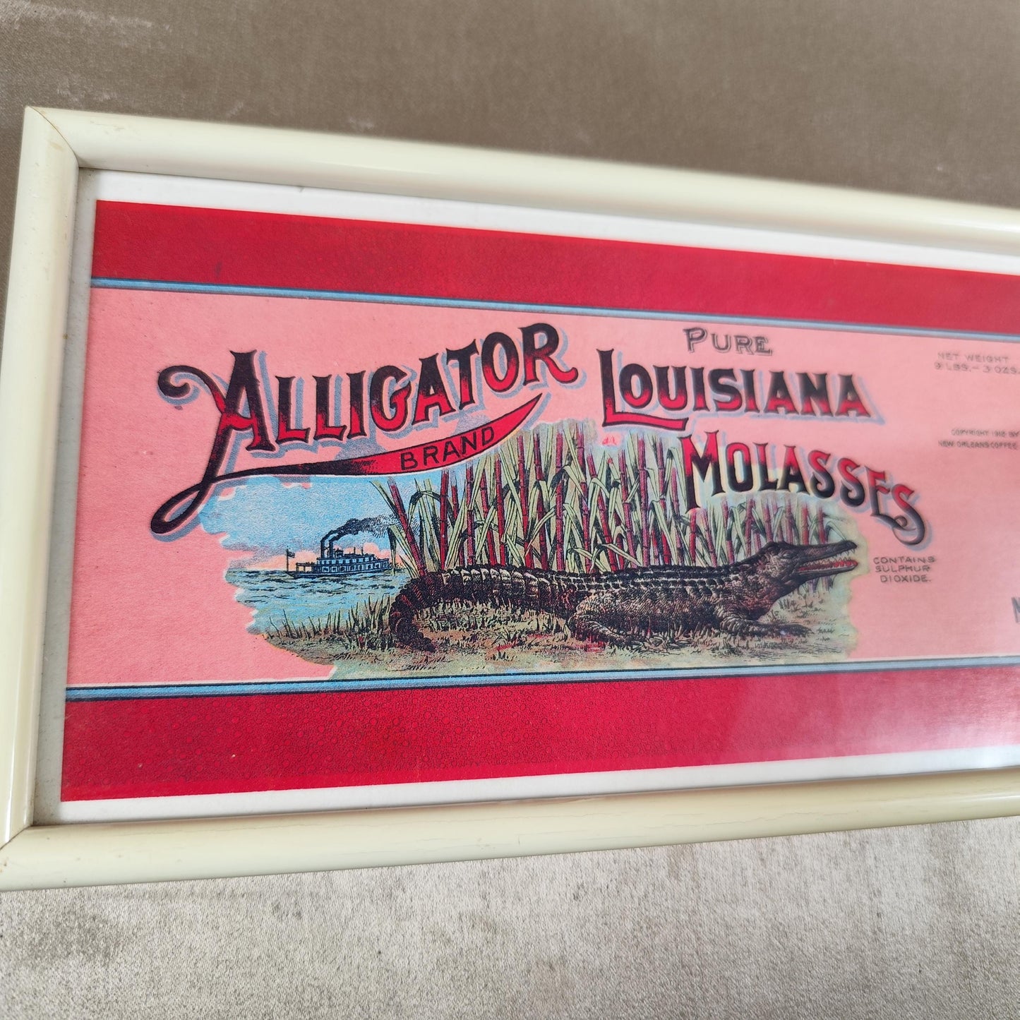 Panneau publicitaire Alligator Brand Louisiana Molasses Publicité américaine ancienne Encadré