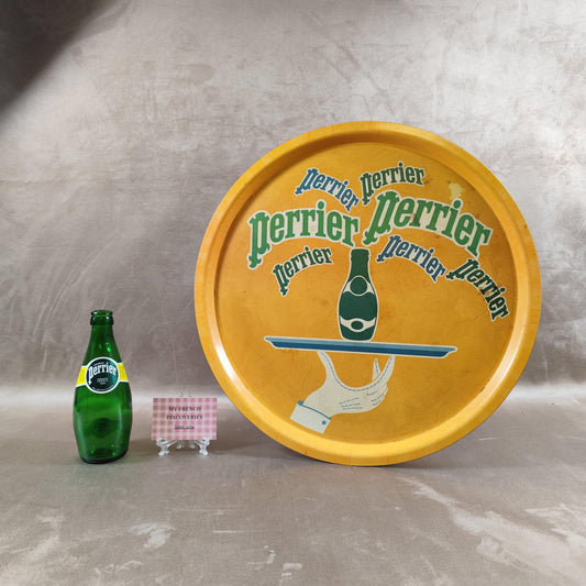 Très grand plateau publicitaire Perrier Métal jaune Art graphique vintage