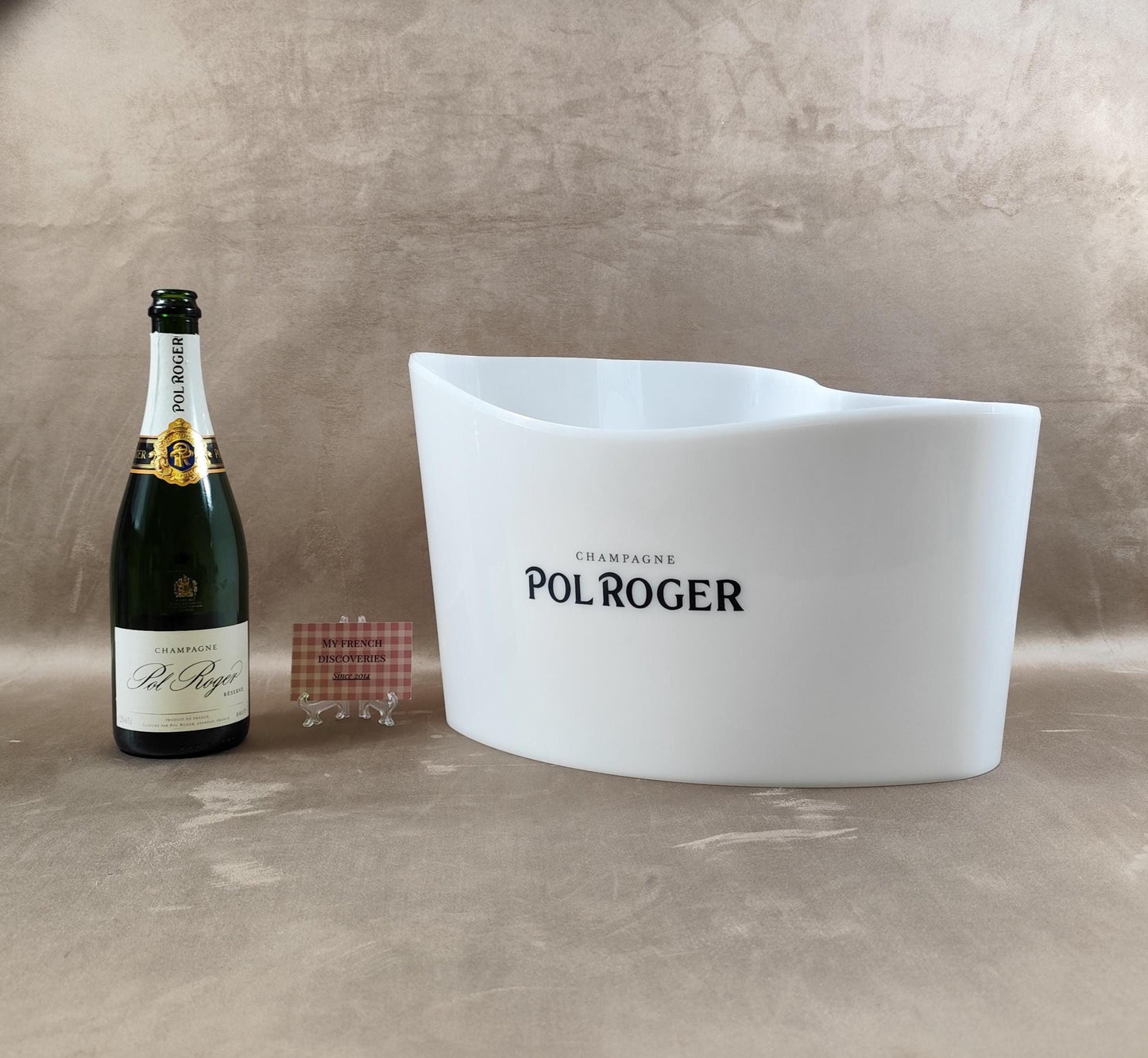 Vasque à champagne Pol Roger Grand seau à glace en plastique blanc Objet publicitaire