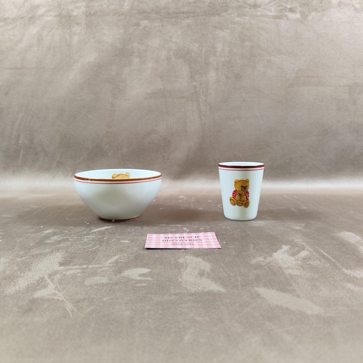 Ensemble enfant en porcelaine de Limoges Bol et verre décor ours Filet fait main
