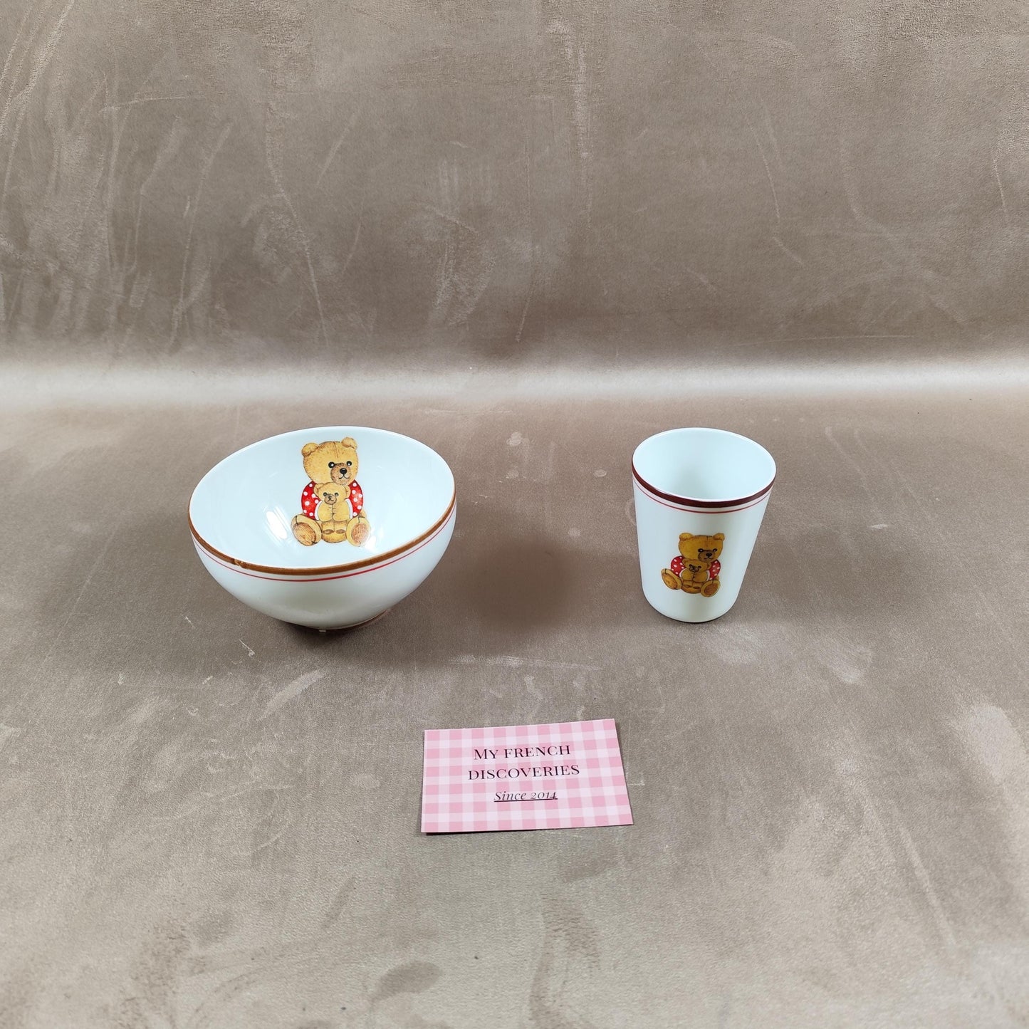 Ensemble enfant en porcelaine de Limoges Bol et verre décor ours Filet fait main