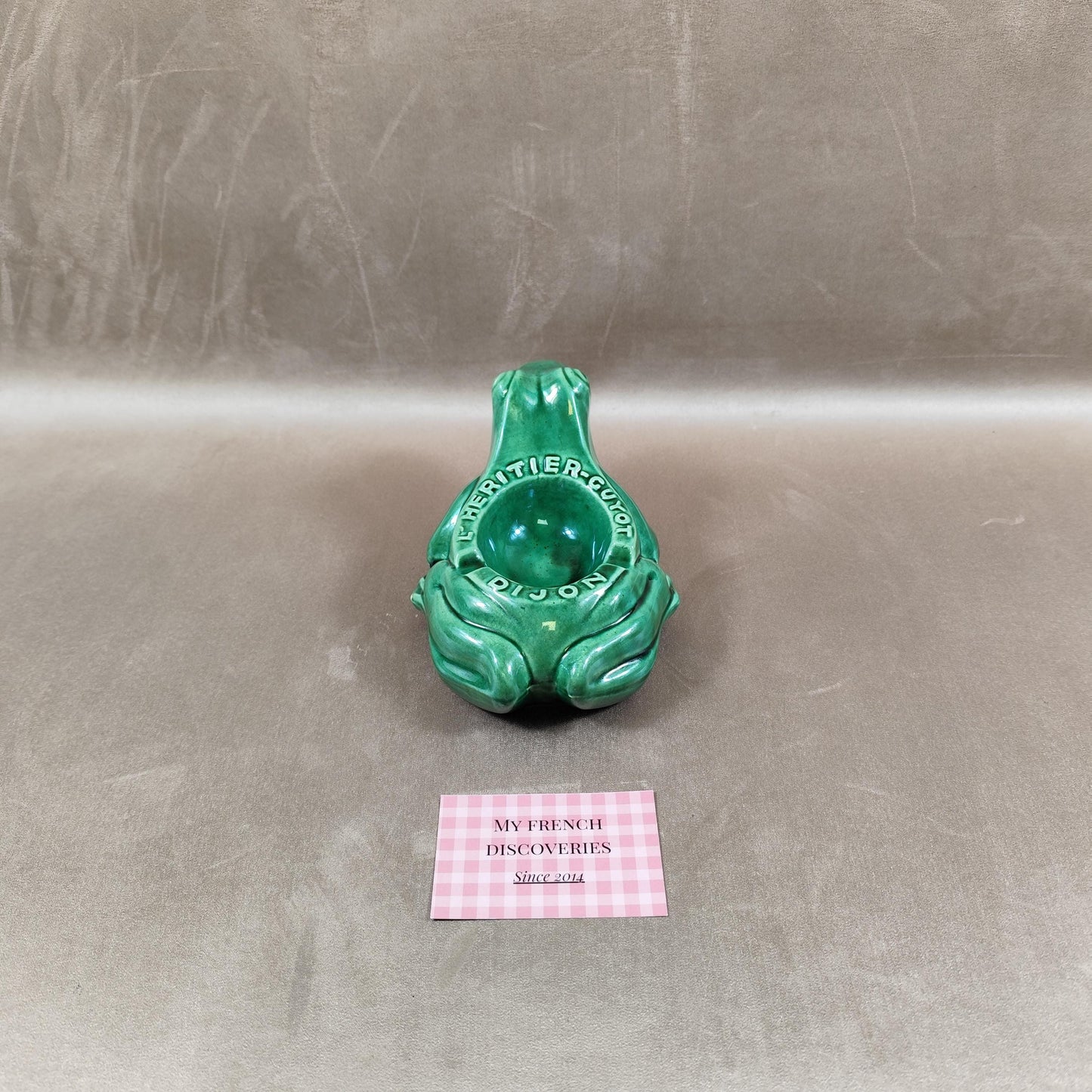 Cendrier publicitaire grenouille LHéritier-Guyot en céramique verte Dijon