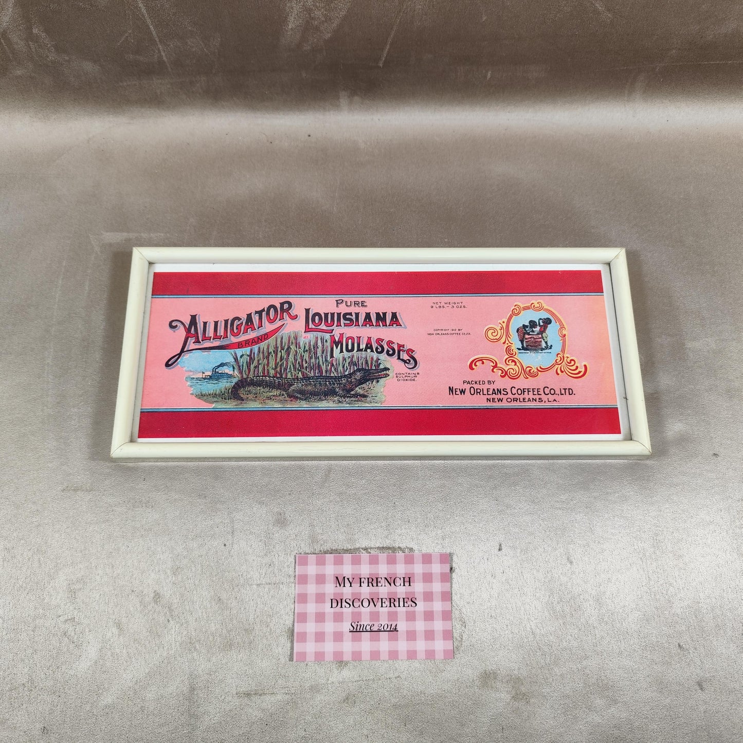 Panneau publicitaire Alligator Brand Louisiana Molasses Publicité américaine ancienne Encadré