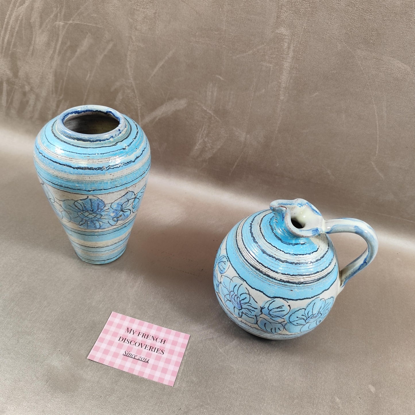 Ensemble vase et cruche céramique bleue vintage Limaila V. do Castelo Portugal