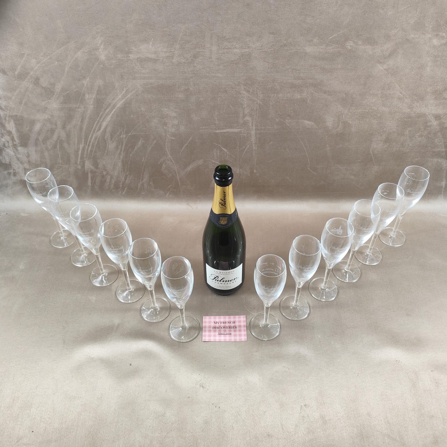 Lot de 12 flûtes à champagne Palmer & Co gravées Édition artistique Palmerescence