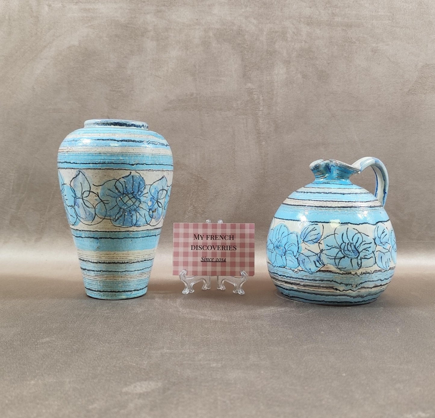 Ensemble vase et cruche céramique bleue vintage Limaila V. do Castelo Portugal