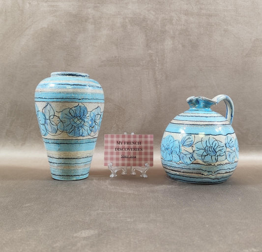 Ensemble vase et cruche céramique bleue vintage Limaila V. do Castelo Portugal