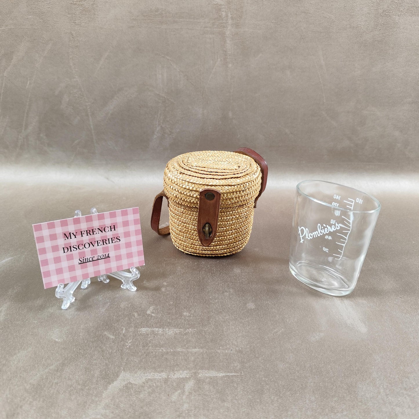Verre de cure Plombières gradué Verre curiste ancien avec étui paille et cuir