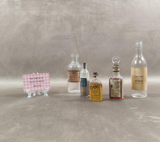 Lot de flacons anciens de pharmacie et produits ménagers O-Cedar, Clarks, LOréal Verre