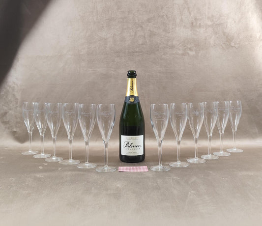 Lot de 12 flûtes à champagne Palmer & Co gravées Édition artistique Palmerescence