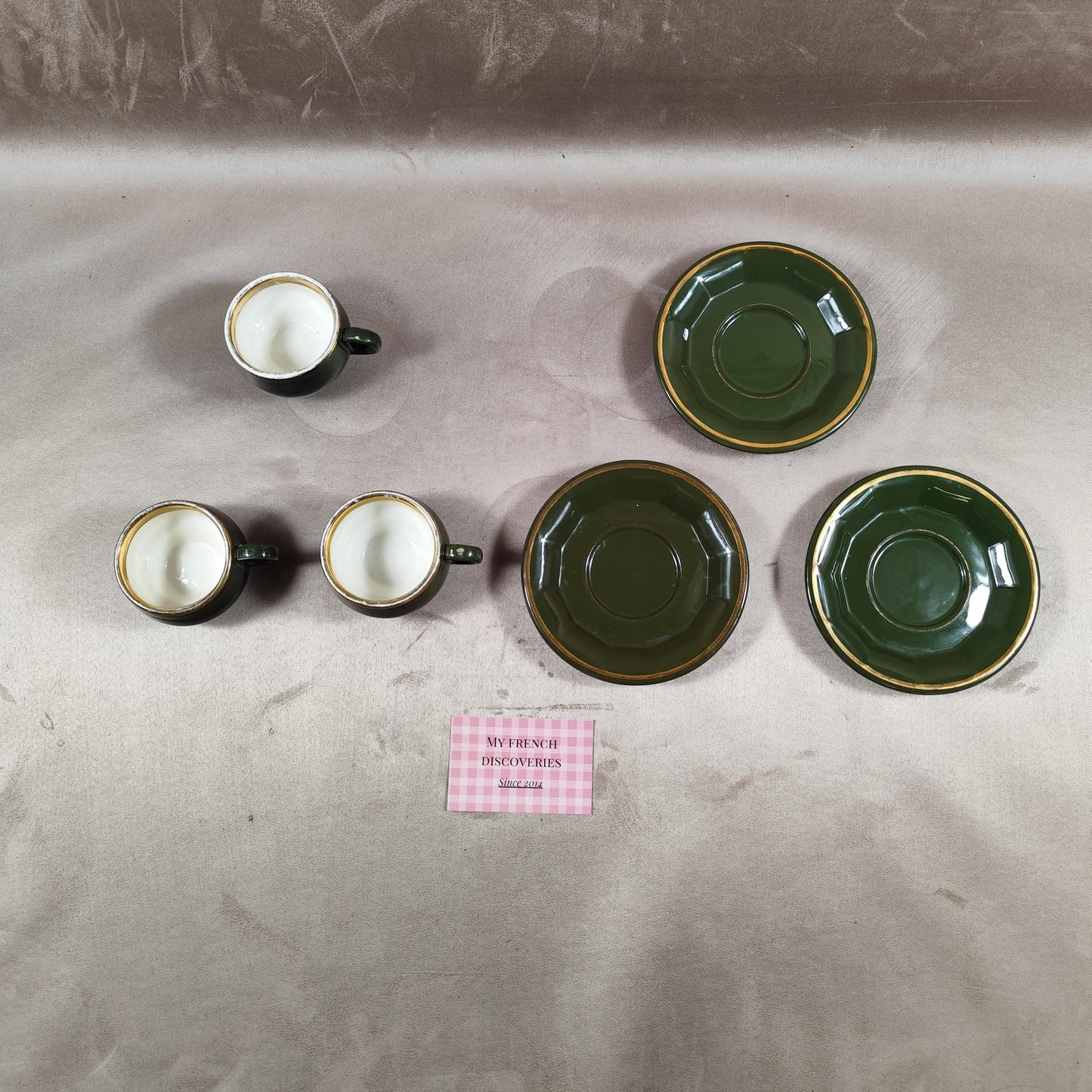 Ensemble de 3 tasses à café Helvetia B.F. Tours  Pillivuyt France Céramique verte