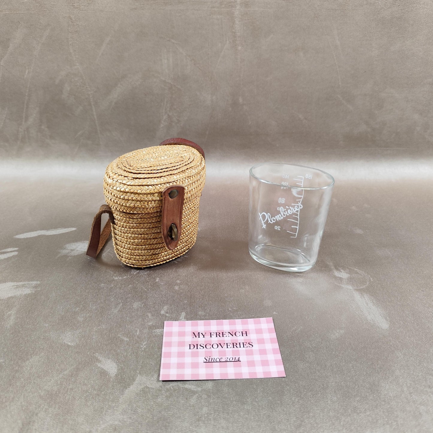 Verre de cure Plombières gradué Verre curiste ancien avec étui paille et cuir