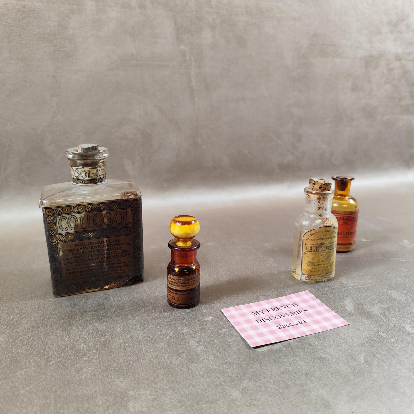 Lot de flacons anciens de pharmacie Nitrogycérine, Léniforme, Collosol Apothicaire