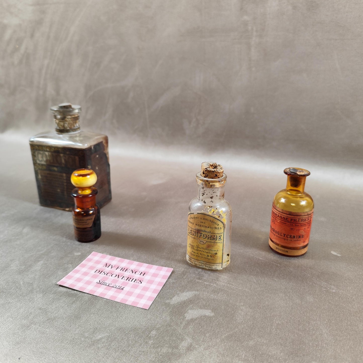 Lot de flacons anciens de pharmacie Nitrogycérine, Léniforme, Collosol Apothicaire