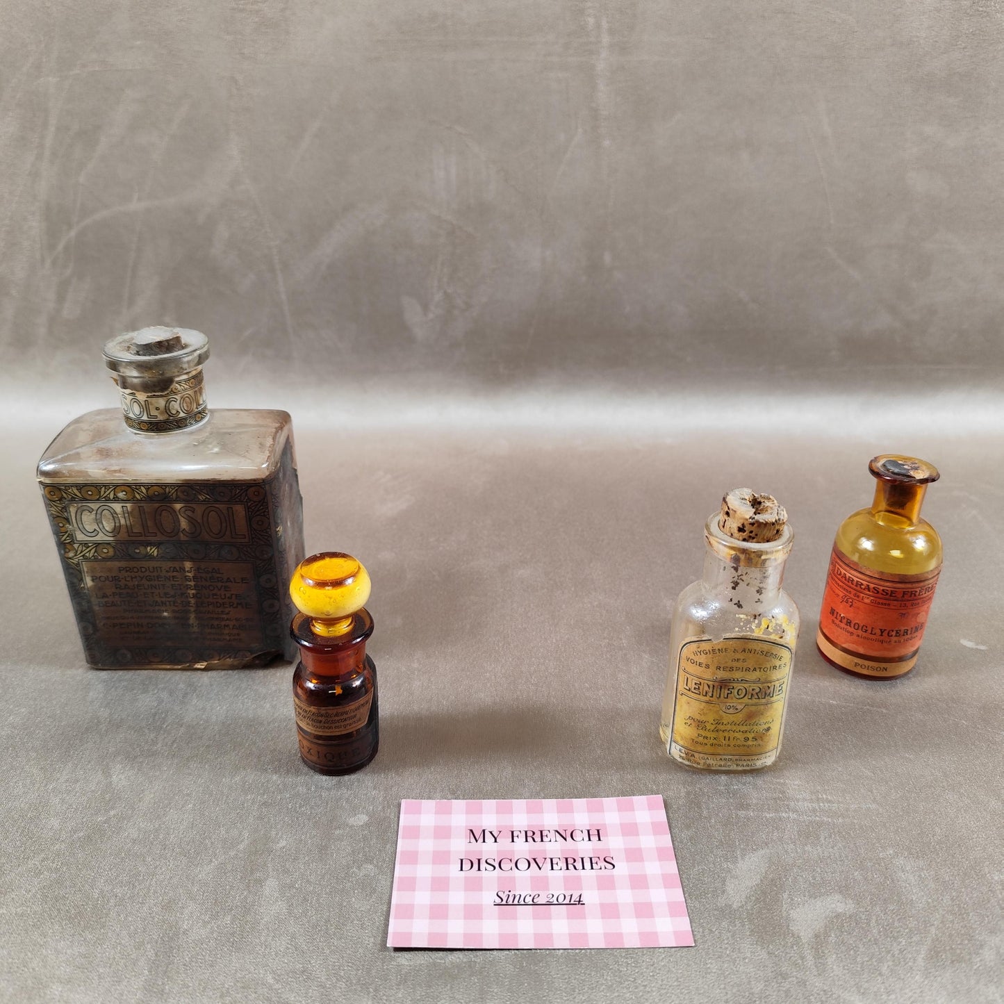Lot de flacons anciens de pharmacie Nitrogycérine, Léniforme, Collosol Apothicaire
