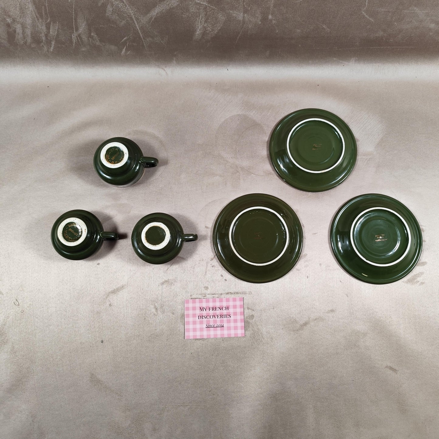 Ensemble de 3 tasses à café Helvetia B.F. Tours  Pillivuyt France Céramique verte
