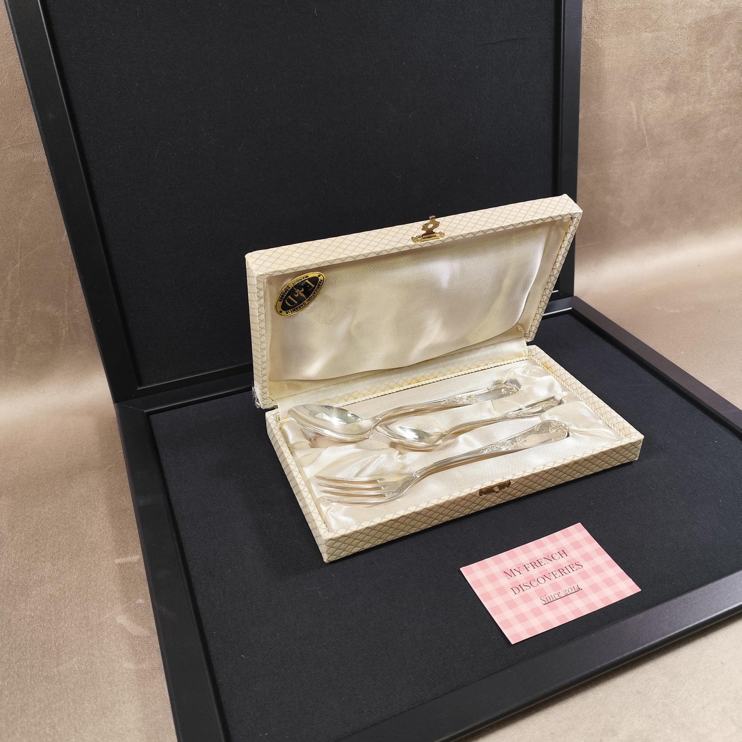 Coffret 3 couverts métal argenté C.F.A. Fourchette + 2 cuillères Écrin d'origine