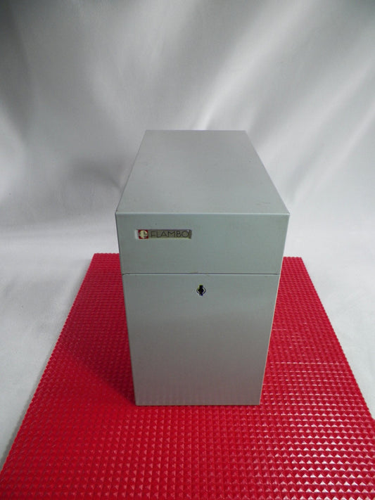 FLAMBO grey metal index card box with set of cardboard alphabetical dividers and its key | Vintage Industrial Design 1970 | FRANCE